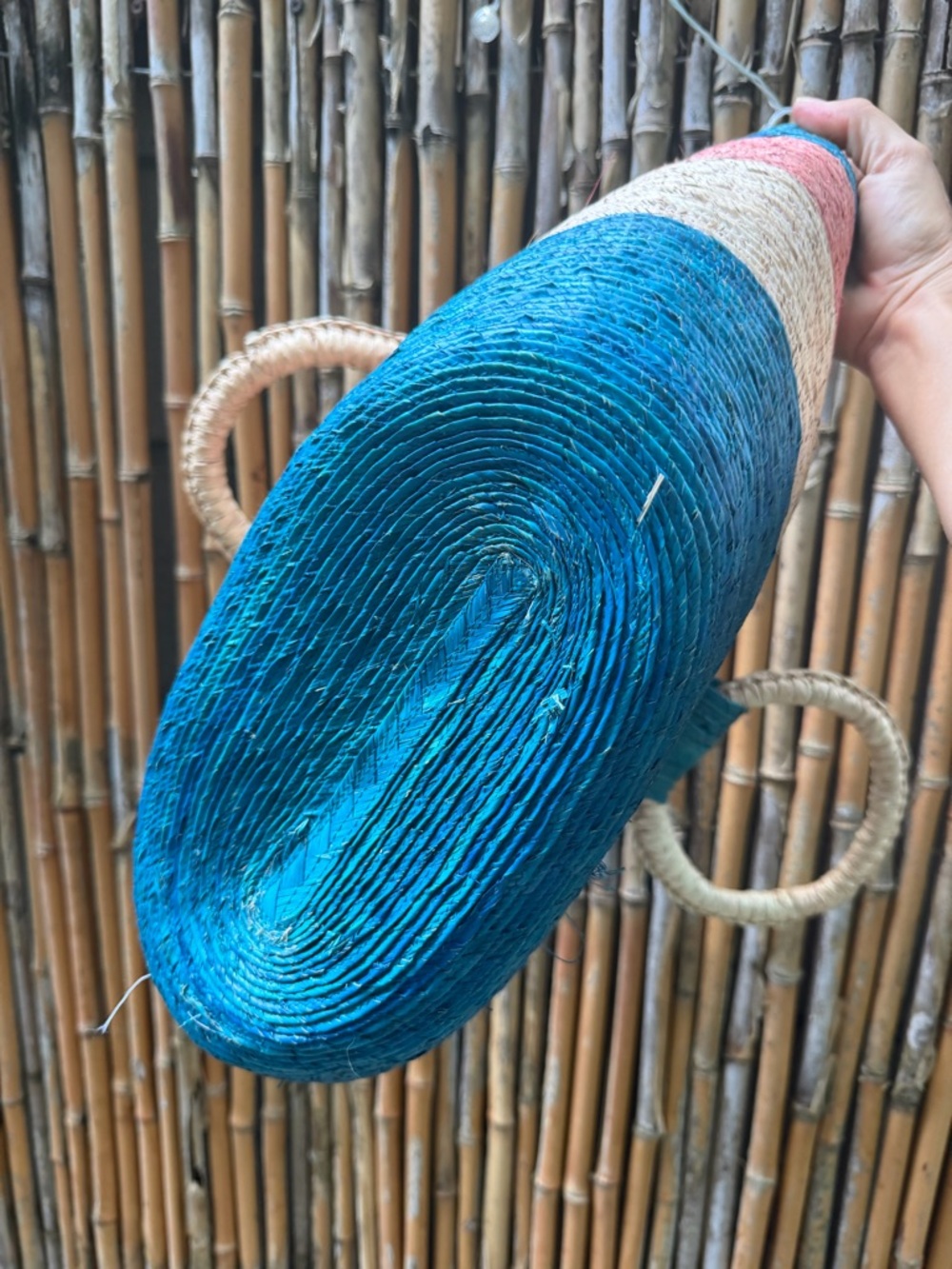 Palm Leaf Straw Handwoven Striped Market Beach Pool Tote Bag Circle Handle - Picture 5 of 5